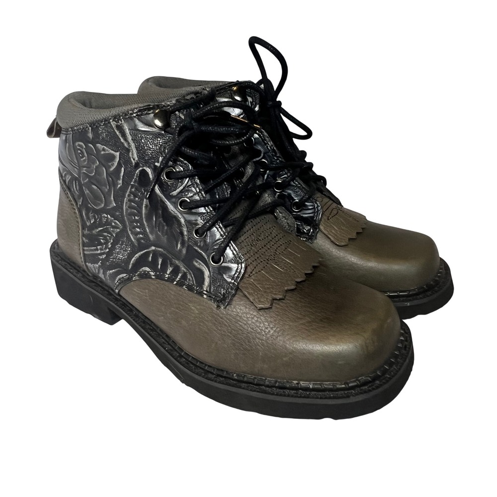 Roper Floral Embossed Kiltie Boots Womens 7.5 Olive Black Leather Ankle Lug Sole